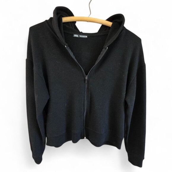 Zara Womens Small Black Hoodie Sweater Knit Zip Front Long Sleeve With Hood - Picture 2 of 4